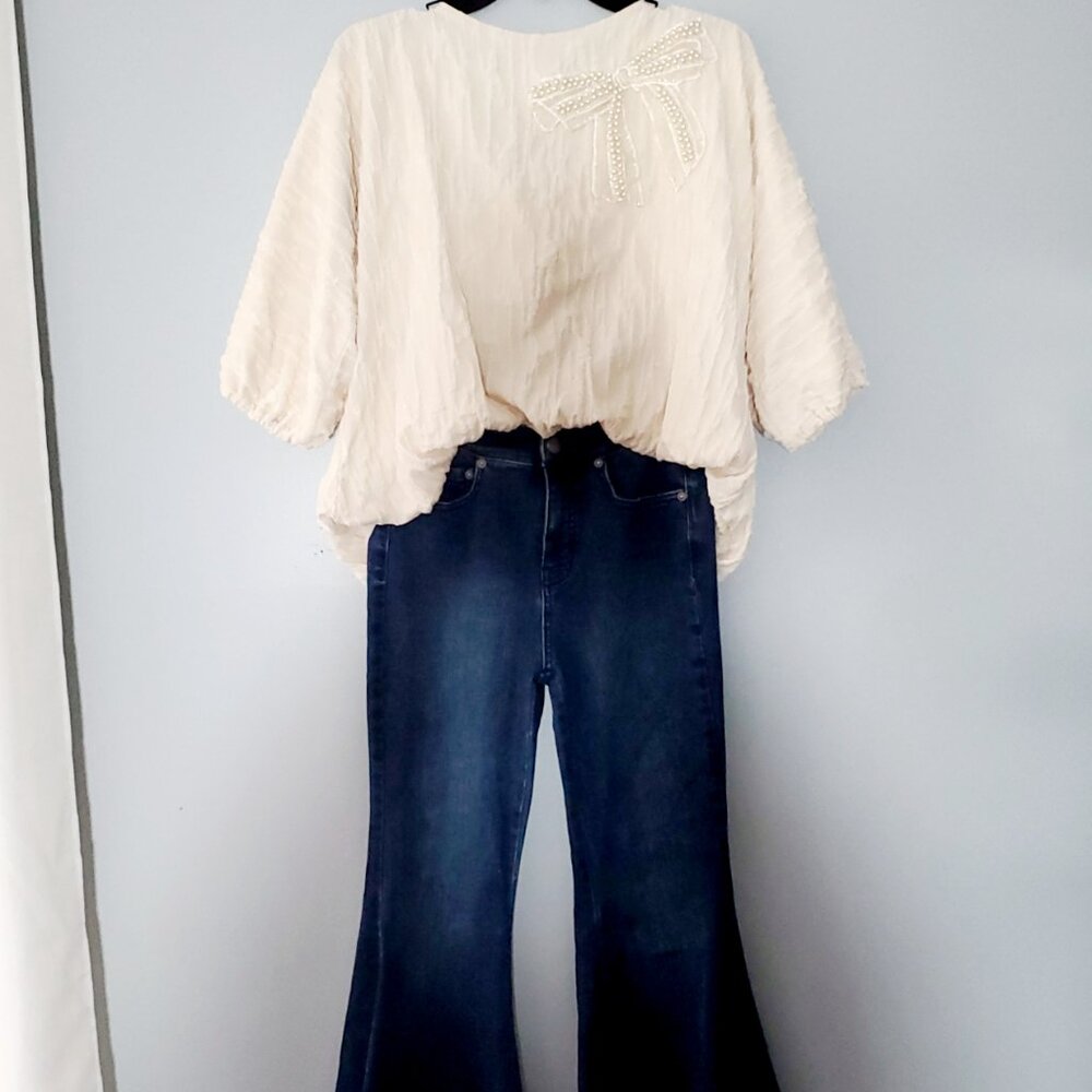 NWT-Joh. Pearl Bow Woven Top-Hamptons Size M